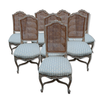 Ensemble de 8 chaises cérusé cannage et tissus de décorateur tapissier