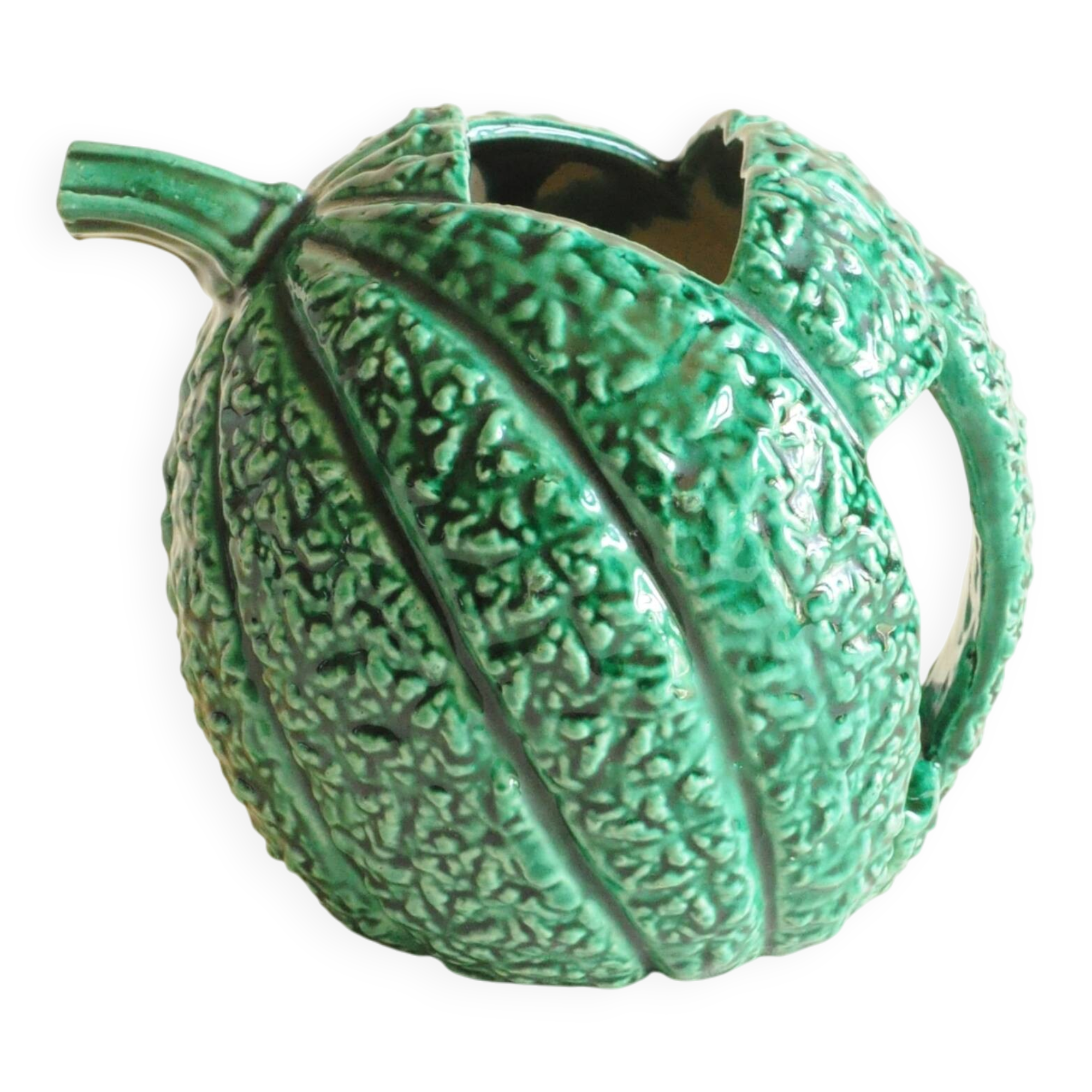 Pichet en Céramique Émaillée Verte — Barbotine Forme Melon — Années 60