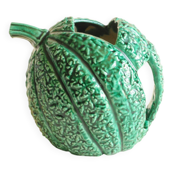 Pichet en Céramique Émaillée Verte — Barbotine Forme Melon — Années 60