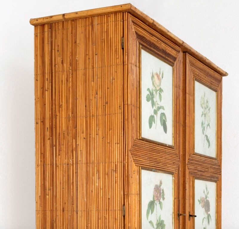 Split bamboo cabinet and engravings under glass 1960