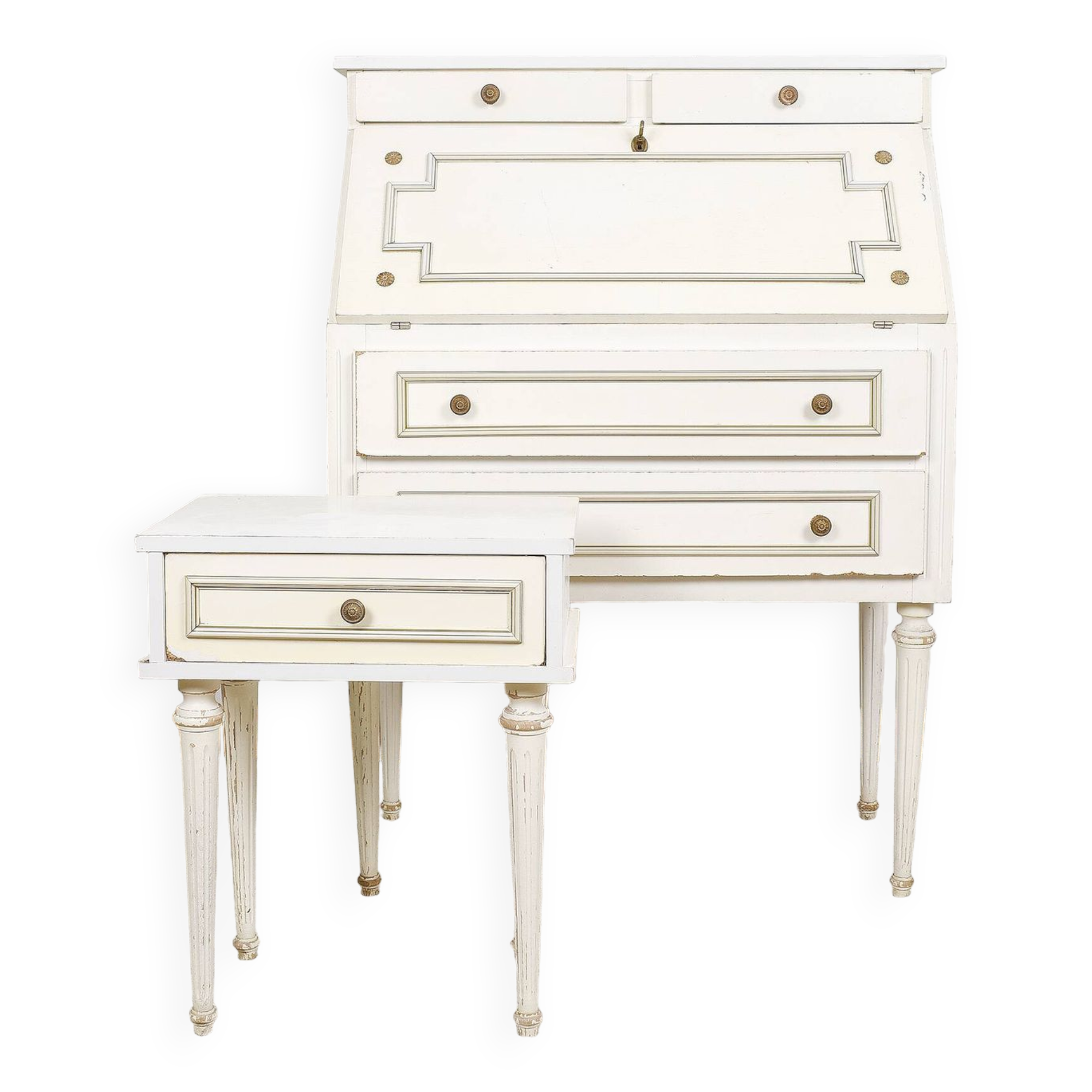 Old white secretary desk with bedside table