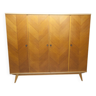 Large Parisian wardrobe with compass feet, 4 doors, 3 drawers, mirror, 1960