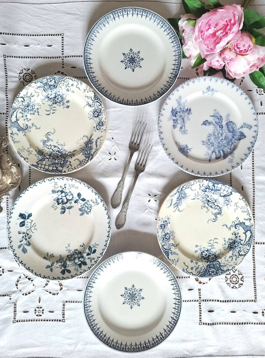 Mismatched antique ironstone dinner plates