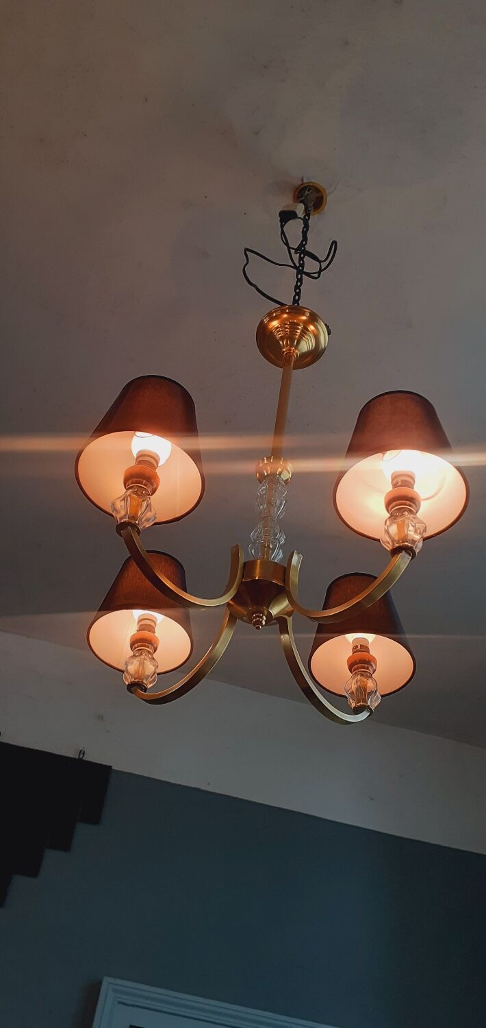 Vintage chandelier year 50 in brass and molded glass