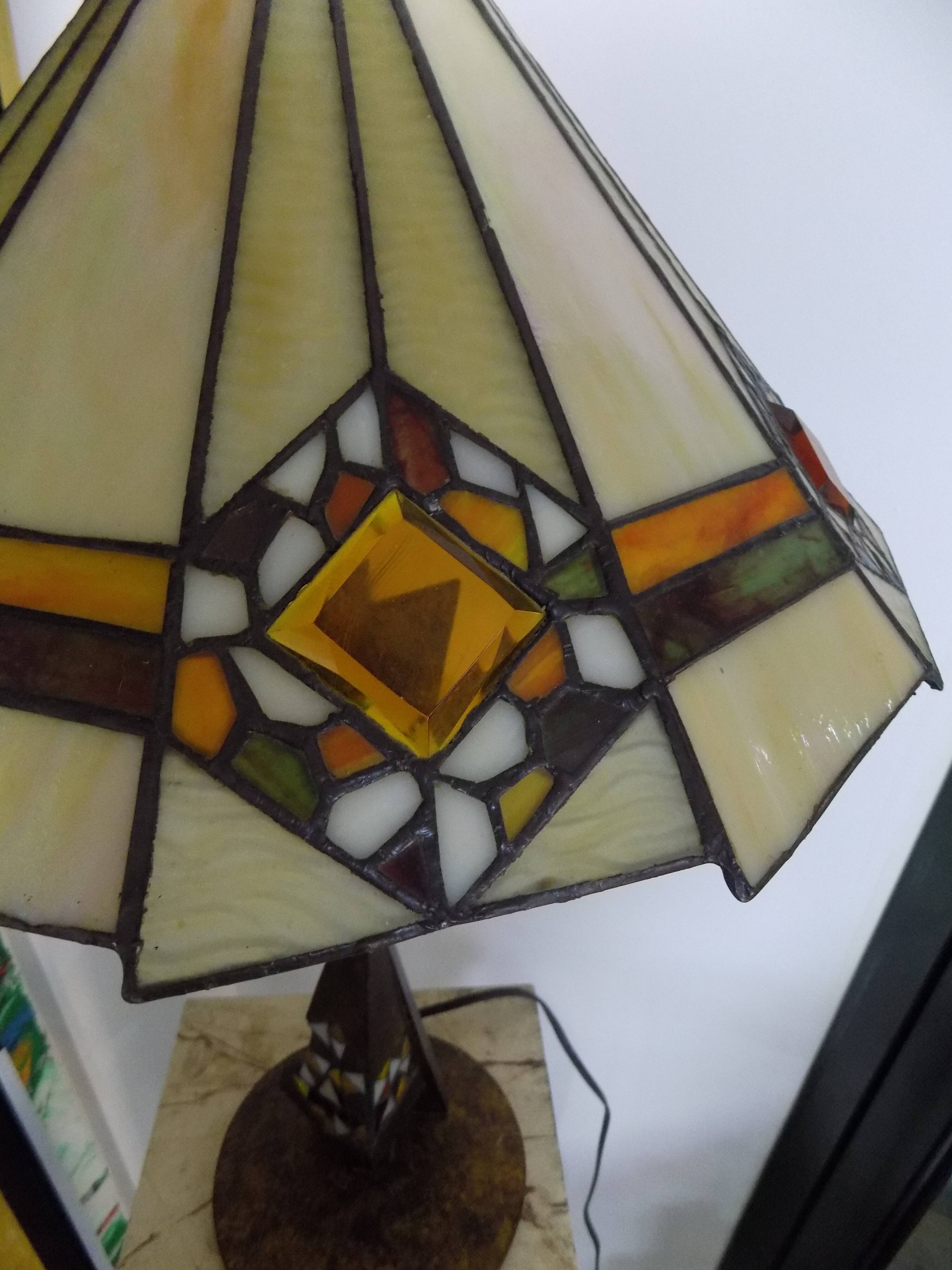 Tiffany art deco bronze lamp and stained glass