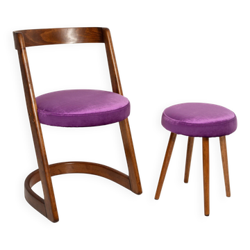 Mid-century purple velvet Halfa chair and stool, Baumann, France, 1970s.