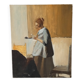Huile sur toile "la femme en bleu lisant une lettre" d' après Vermeer
