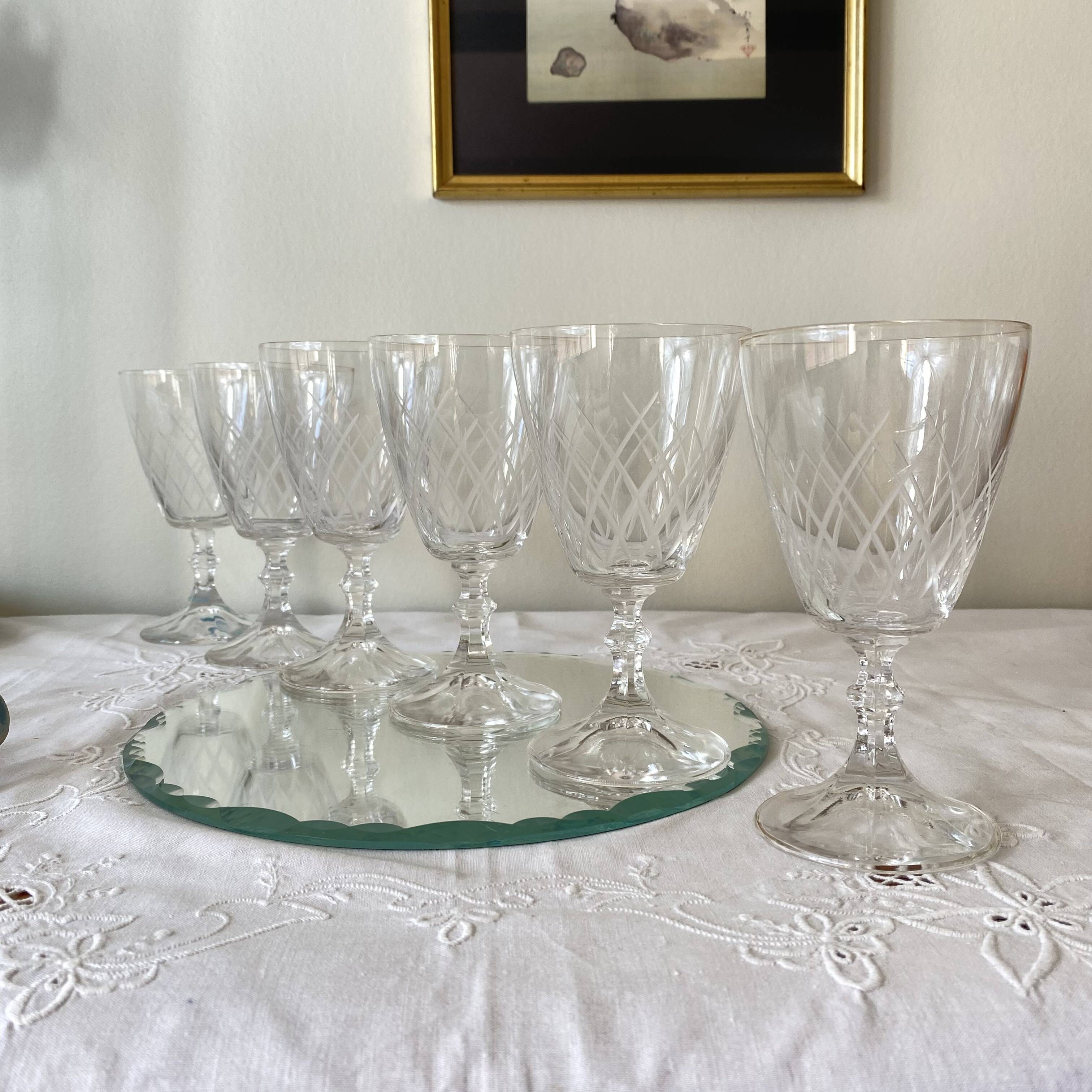 6 large antique engraved glasses for wine or water
