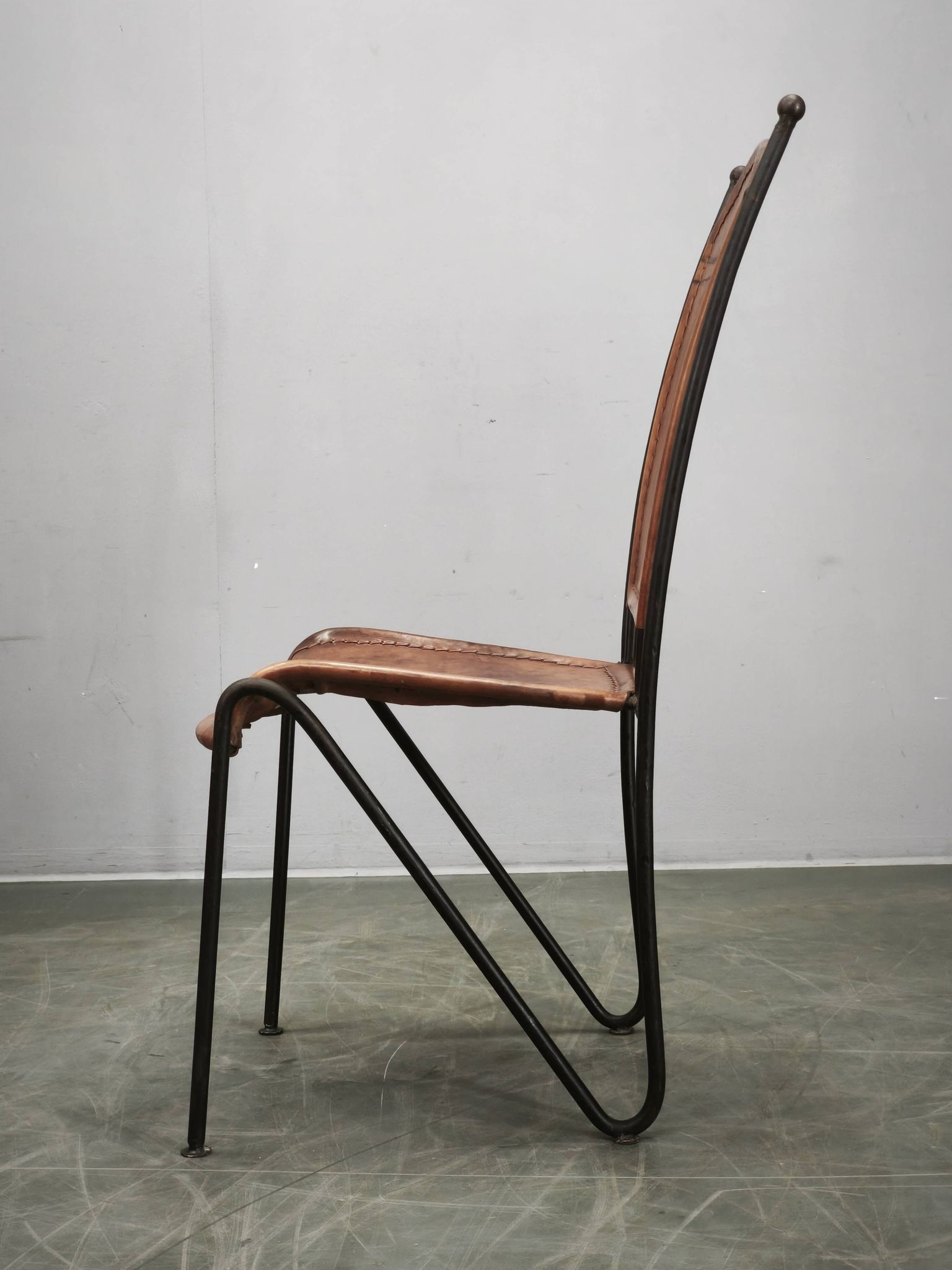 1990s European Brutalist Wrought Iron and Hand-Stitched Cognac Leather Dining Chair