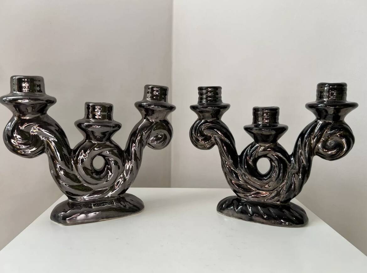 Pair of vintage iridescent black candlesticks, Vallauris style