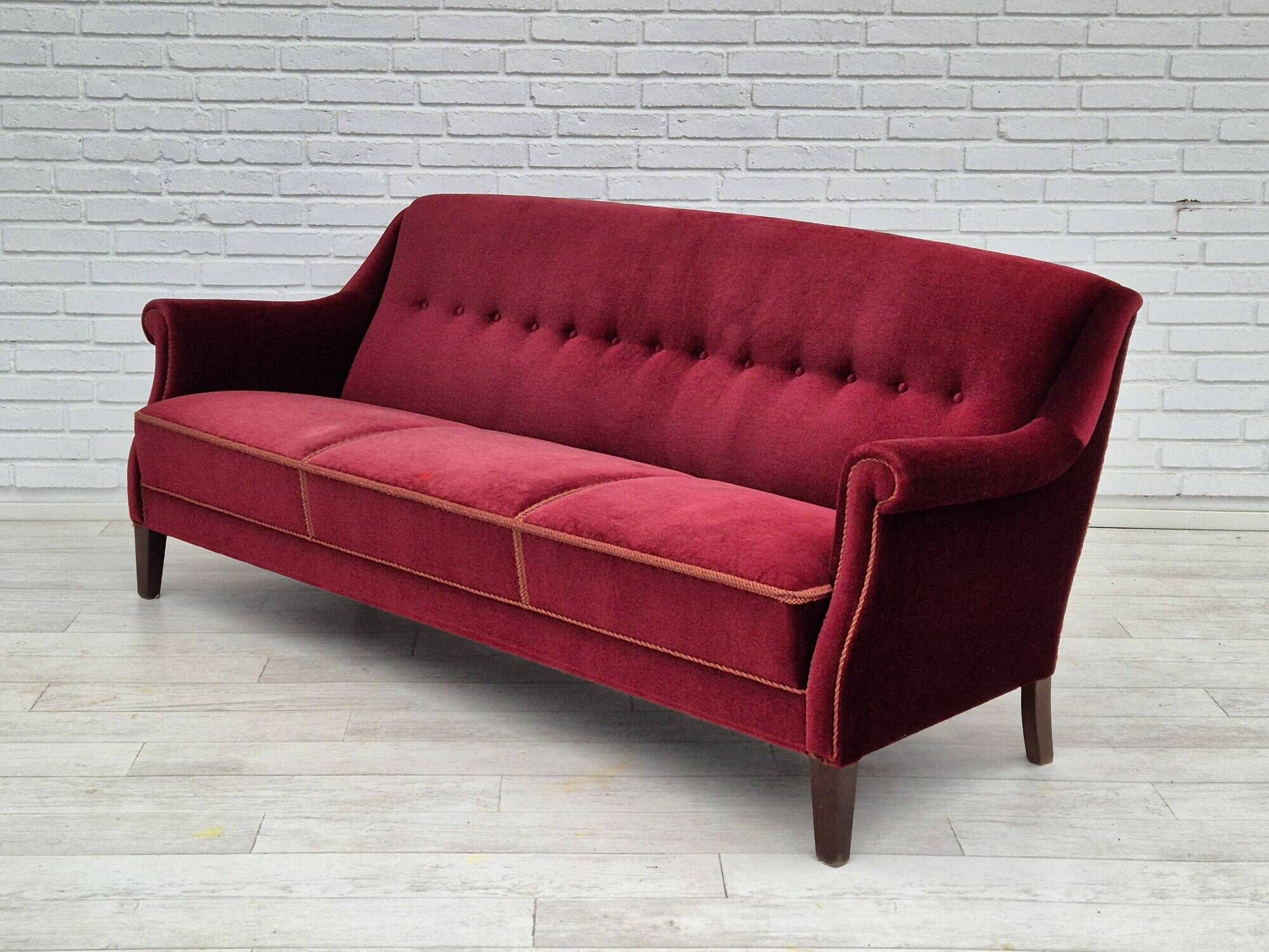 1960s, Danish 3 seater sofa, original good condition, furniture velour, beech wood .