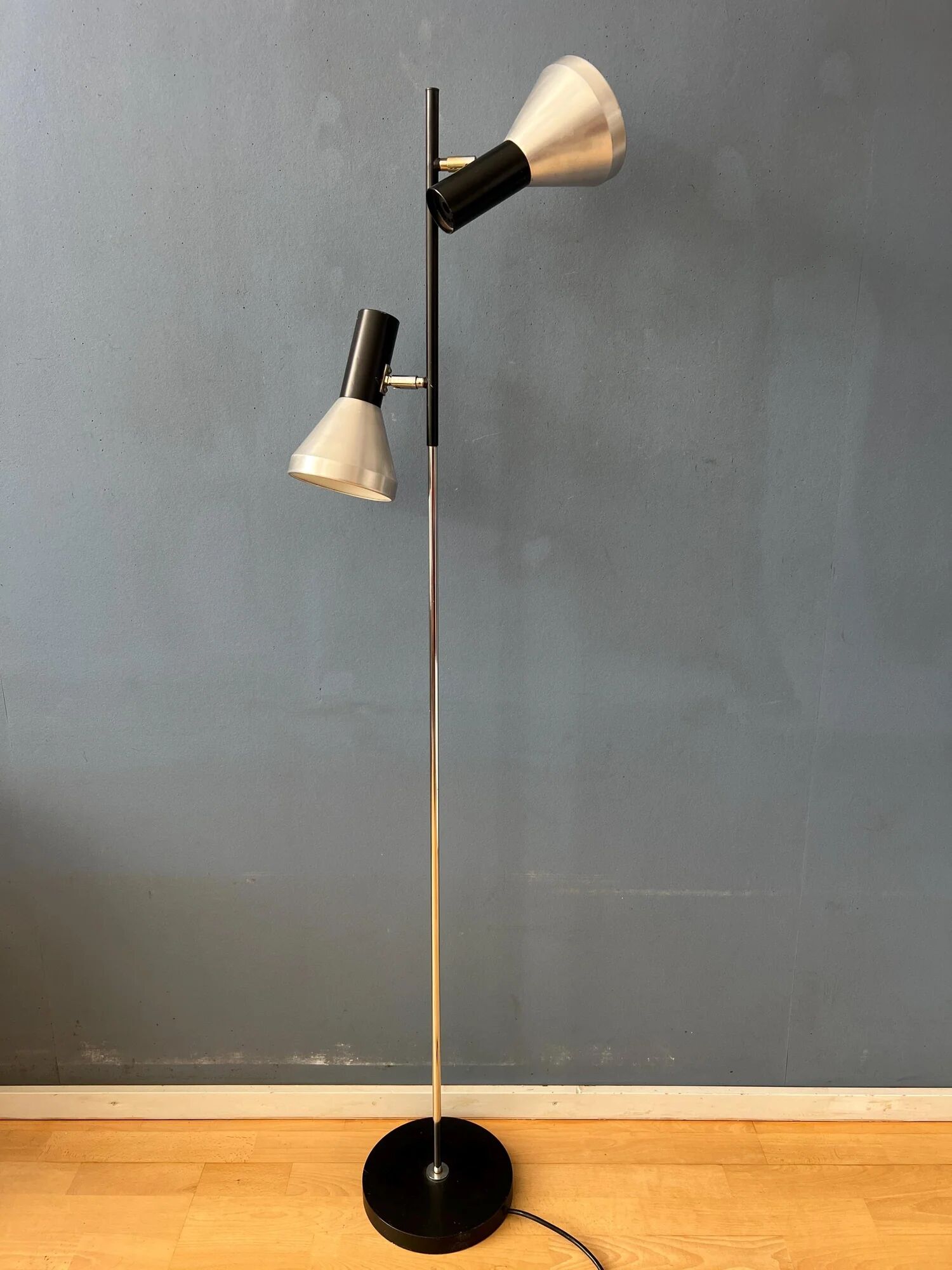 Vintage black mid-century floor lamp with two aluminum spots