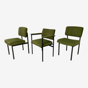 3 chaises années 50 métal et velours vert idéal bureau style vintage