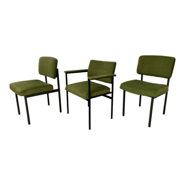 3 chaises années 50 métal et velours vert idéal bureau style vintage