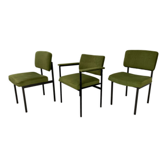 3 chaises années 50 métal et velours vert idéal bureau style vintage