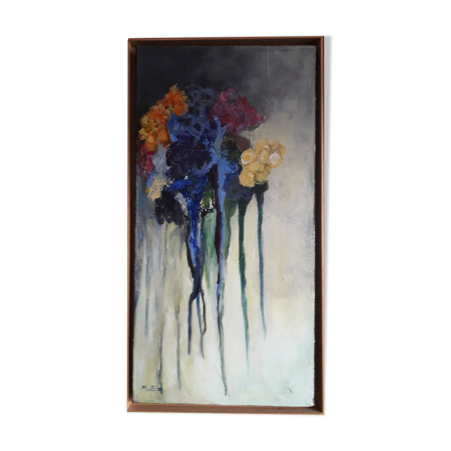 Old oil painting representing a bouquet of flowers