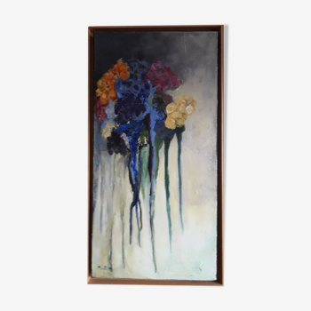 Old oil painting representing a bouquet of flowers