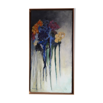 Old oil painting representing a bouquet of flowers