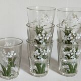 Seven glasses with digestive screen-printed with thrush, 30s