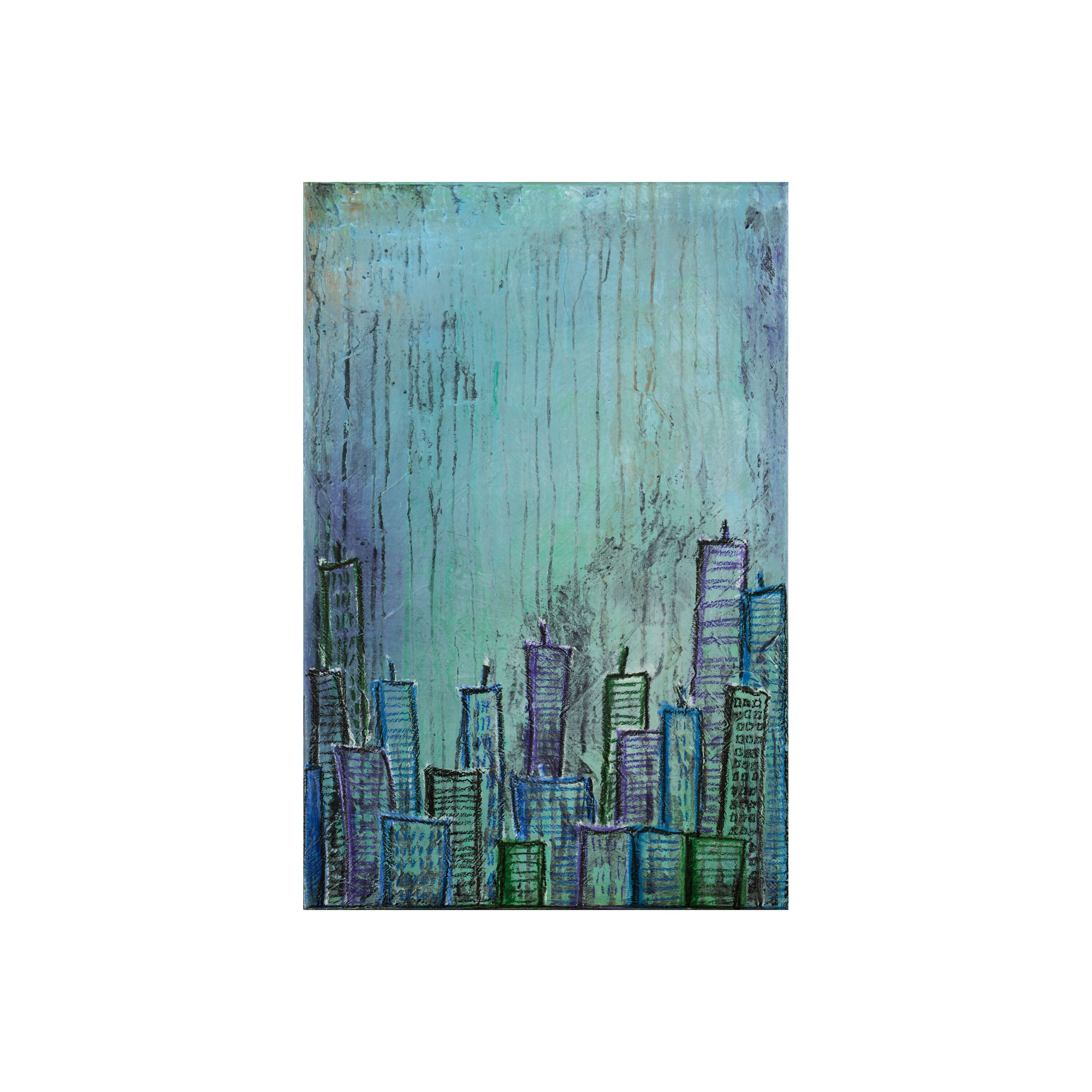 Contemporary paintig in teal, purple and green shades, acrylic on canvas