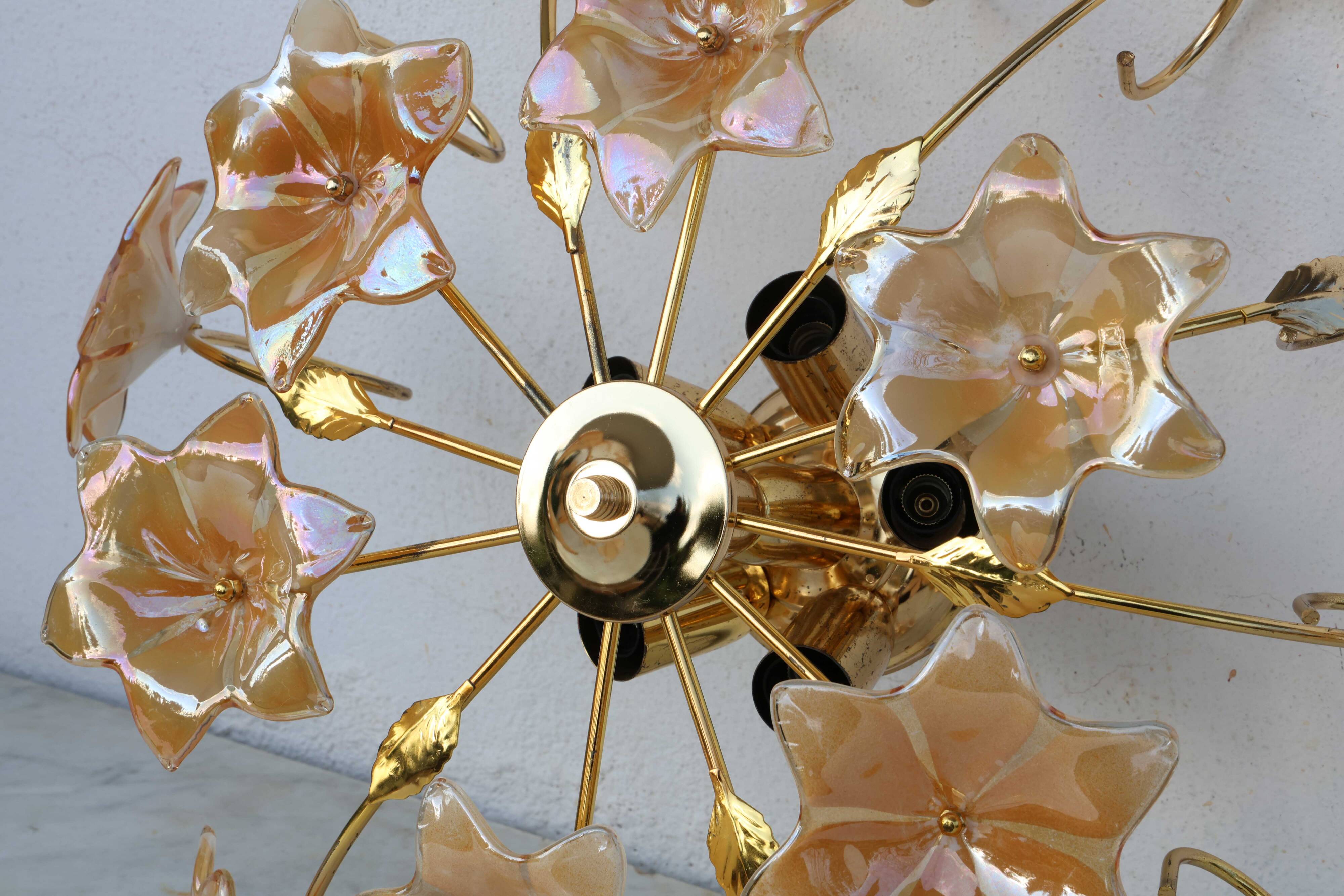 Murano Vintage Ceiling Light Orange Iridescent Flowers, 1970s