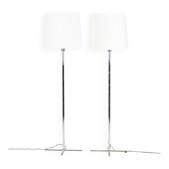 Pair floor lamp chromed cross base cream fabric lampshade