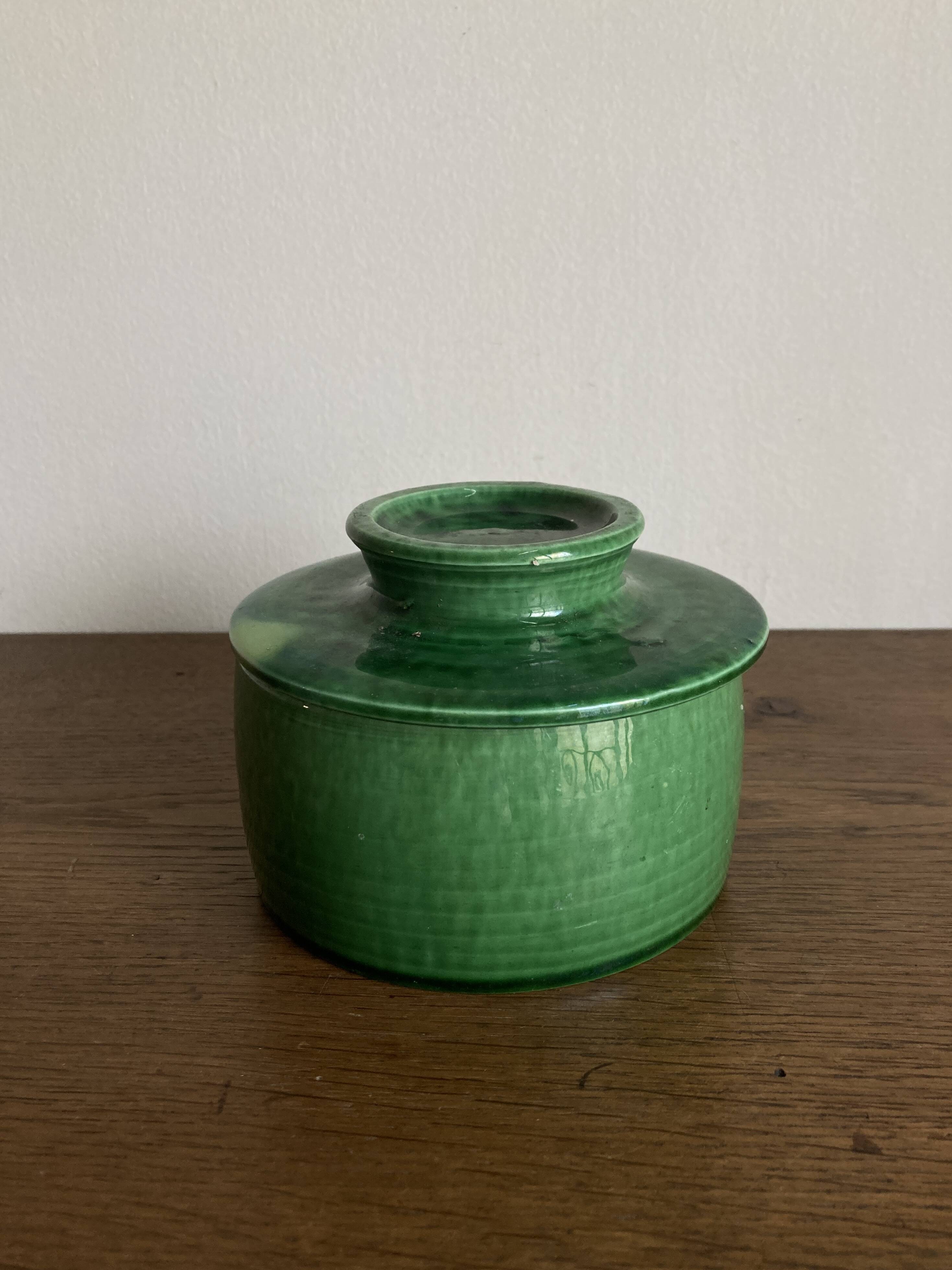 Foucart Jourdan Green glazed earthenware butter dish with water reservoir, 1960