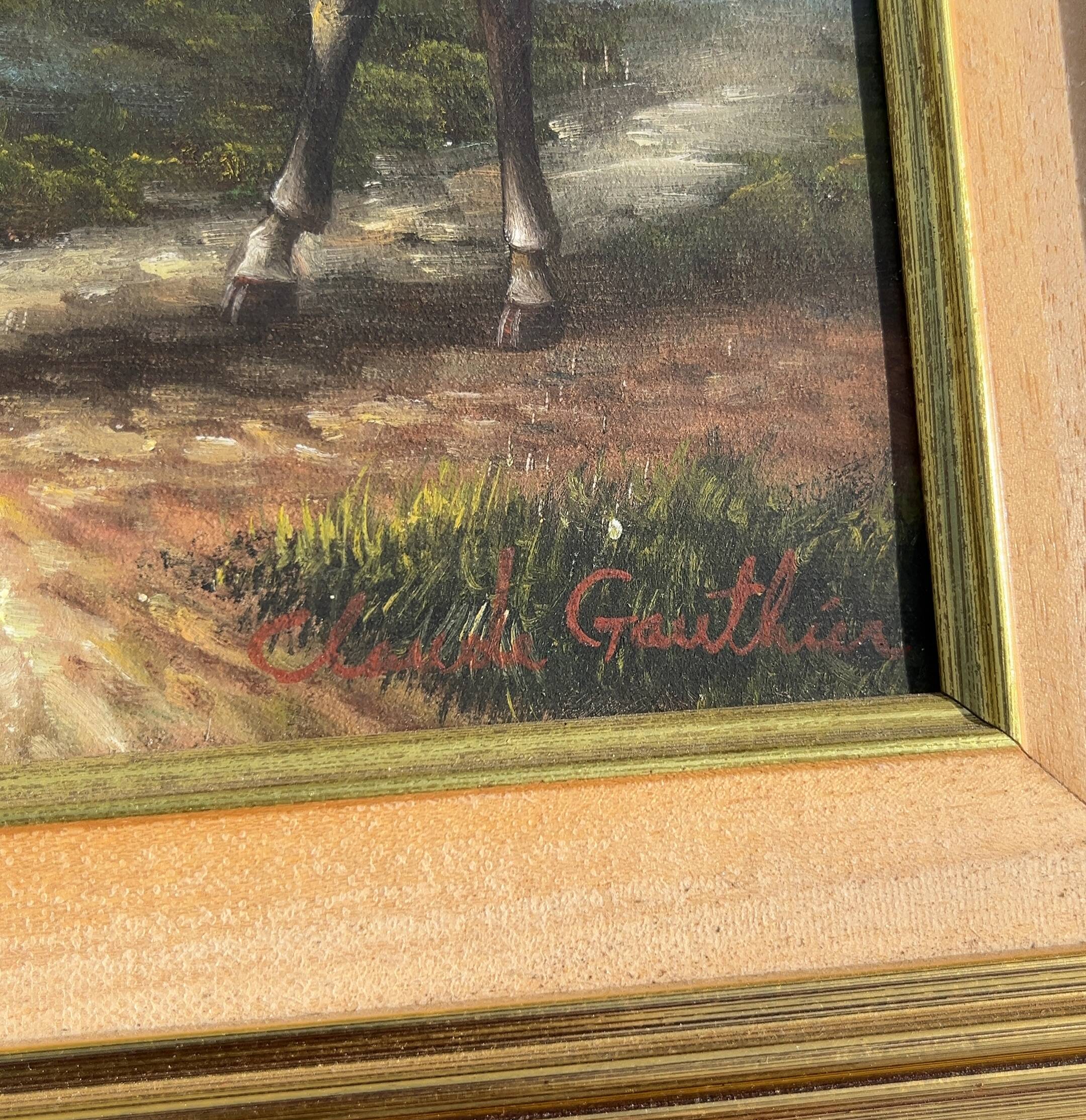 Tableau by Claude Gauthier: Equestrian portrait with a dog in a park.