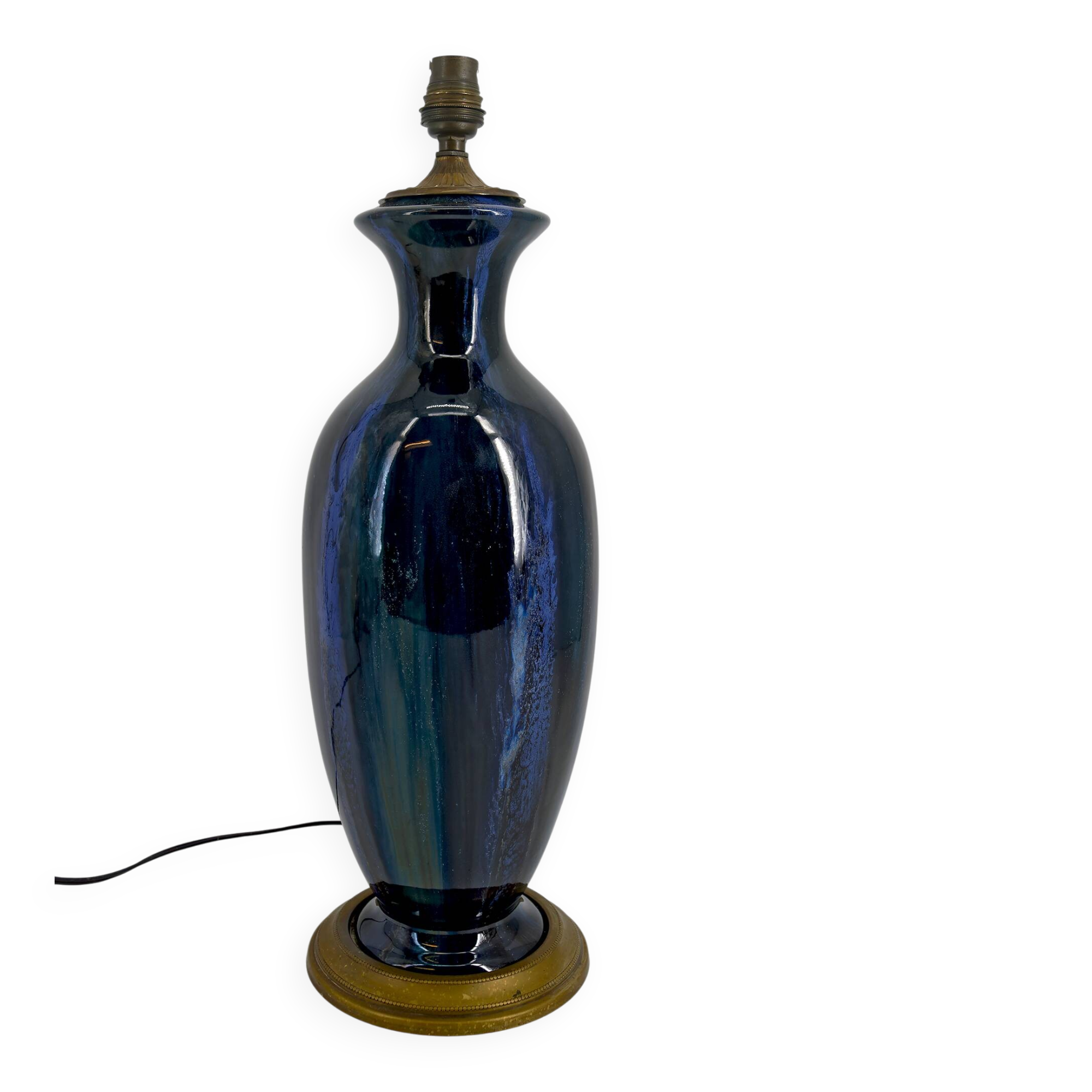 Art Nouveau lamp in stoneware with high-fire glazes and bronze mount, circa 1900.