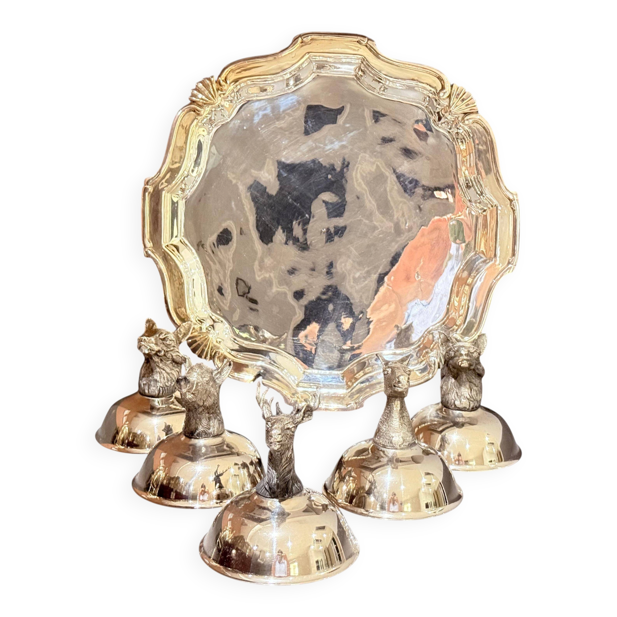 Italian Silver-Plated Animal Head Liqueur Cups with Matching Serving Tray Set 6