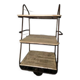 industrial iron and wood trolley shelf
