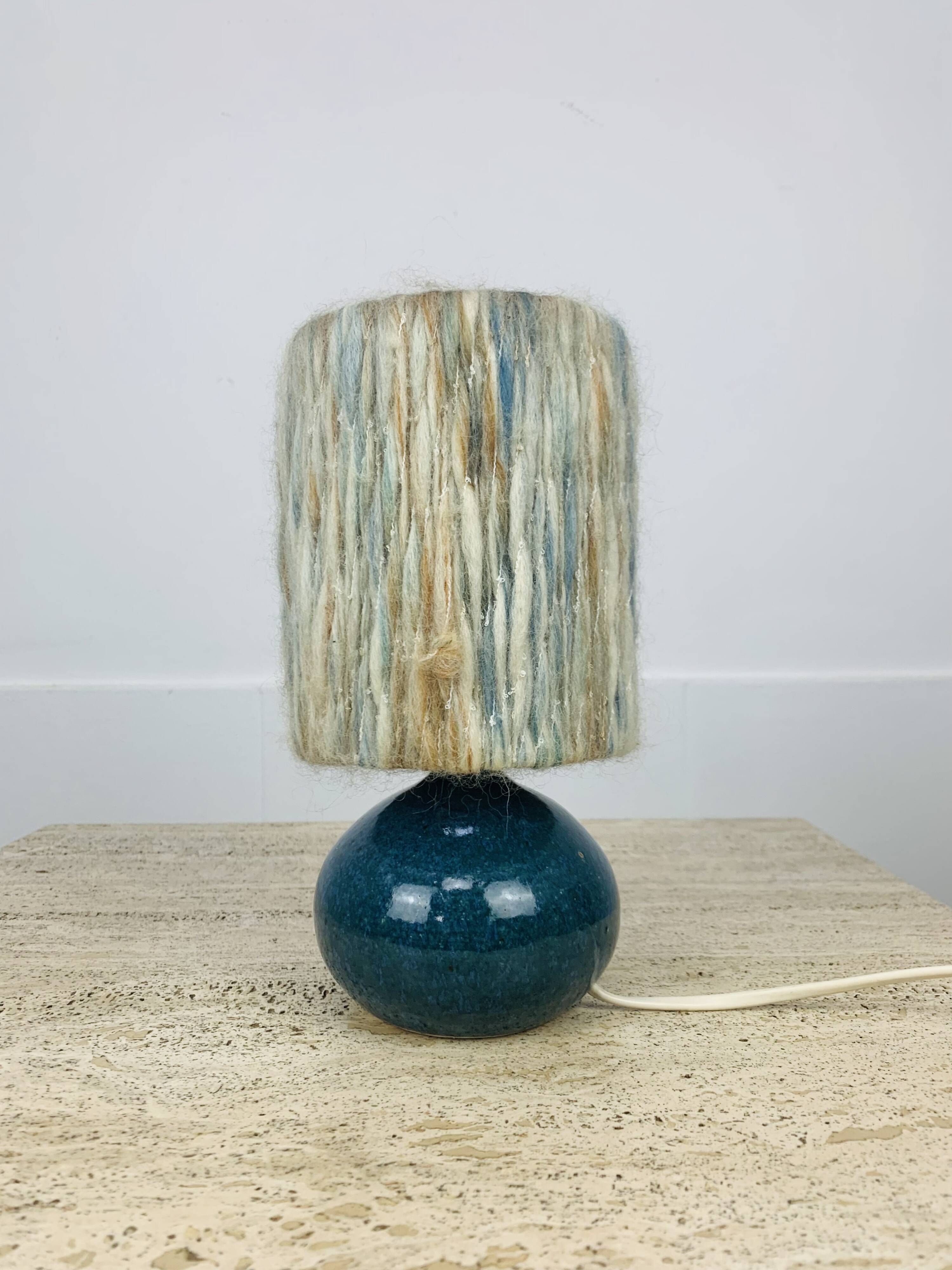 Blue ceramic ball lamp with wool lampshade, vintage
