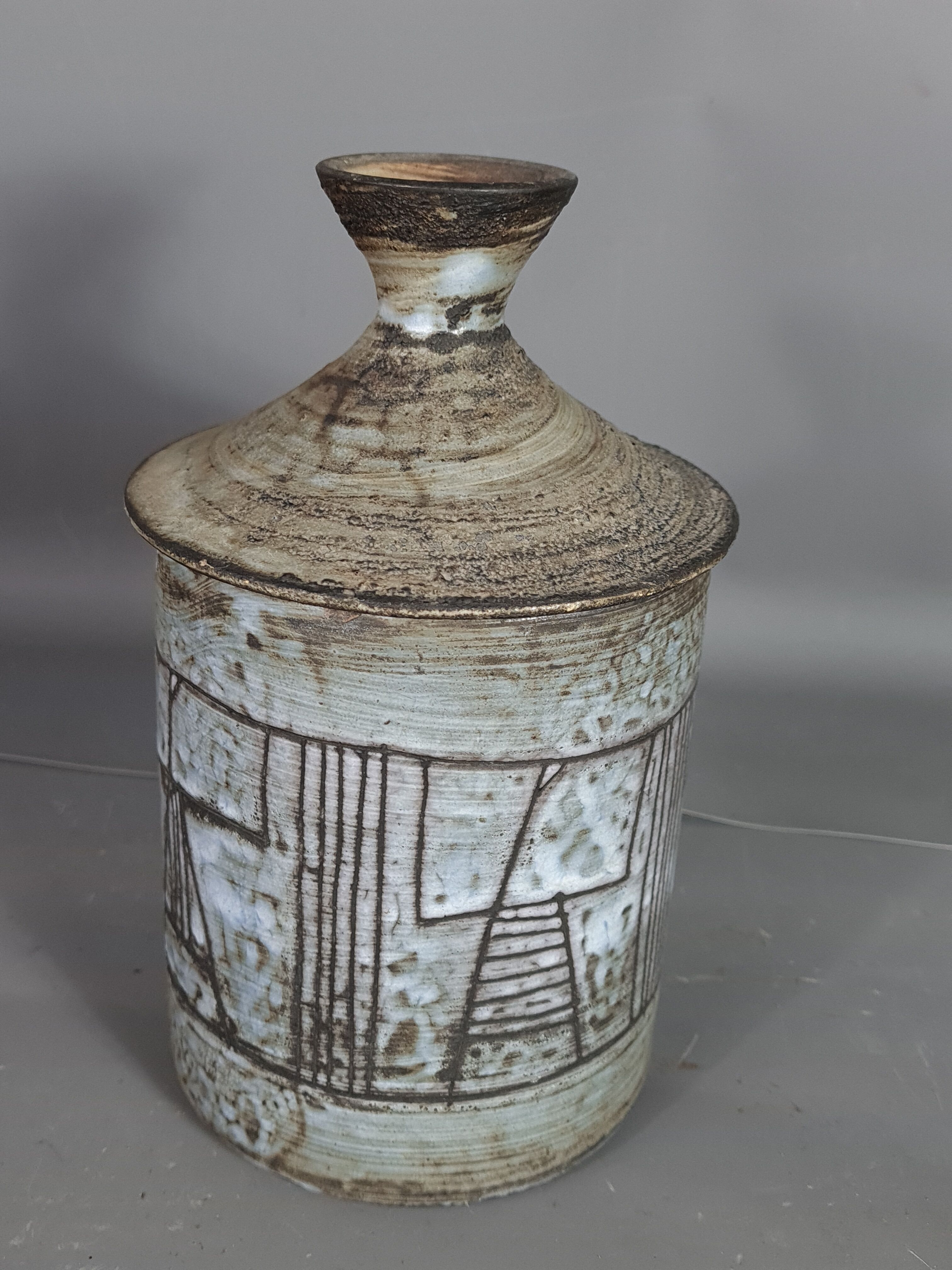 J. Pouchain (1925-2015) incised covered pot enamelled abstract decoration, signed. SB