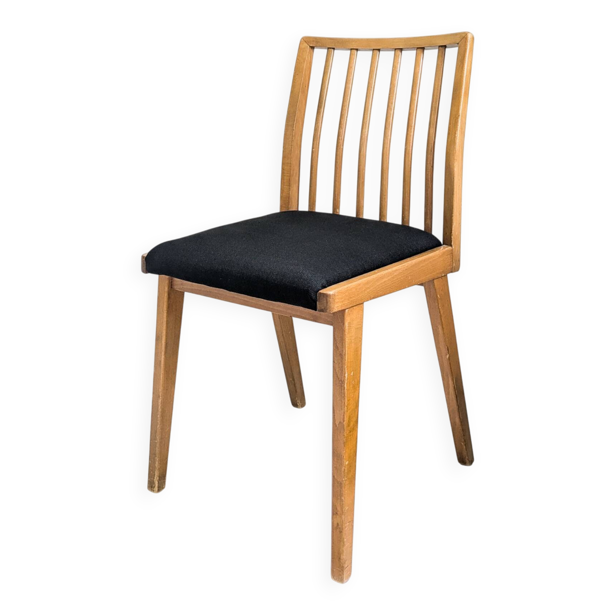 Chaise vintage Mid-Century à barreaux en bois massif avec assise à ressorts