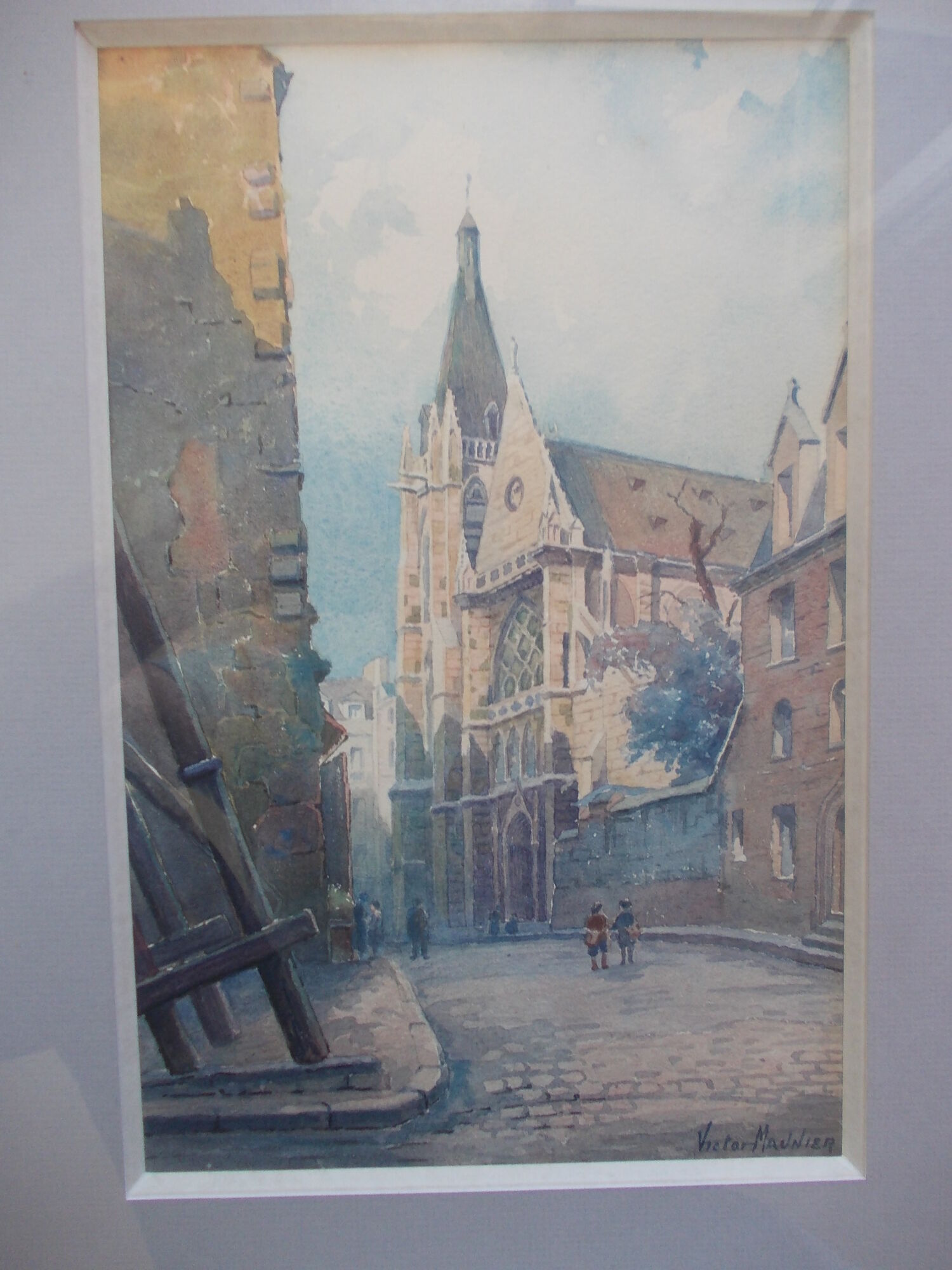 WATERCOLOR 1930 signed VICTOR MAUNIER : PARIS rue des Prêtres Saint Séverin Latin Quarter, 75, frame