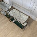 Pair of neo classic side tables in brass and oxidized mirror