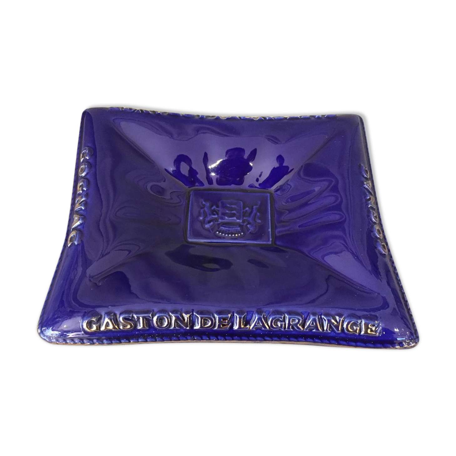 FRIENDLY ASHTRAY PICKS UP MONEY OR EMPTY POCKET COGNAC GASTON DE LAGRANGE BLUE AND DORE