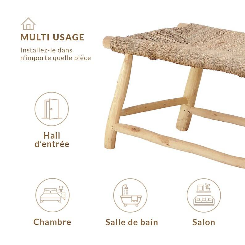 Moroccan handcrafted bench in wood and cord 100x40x40cm