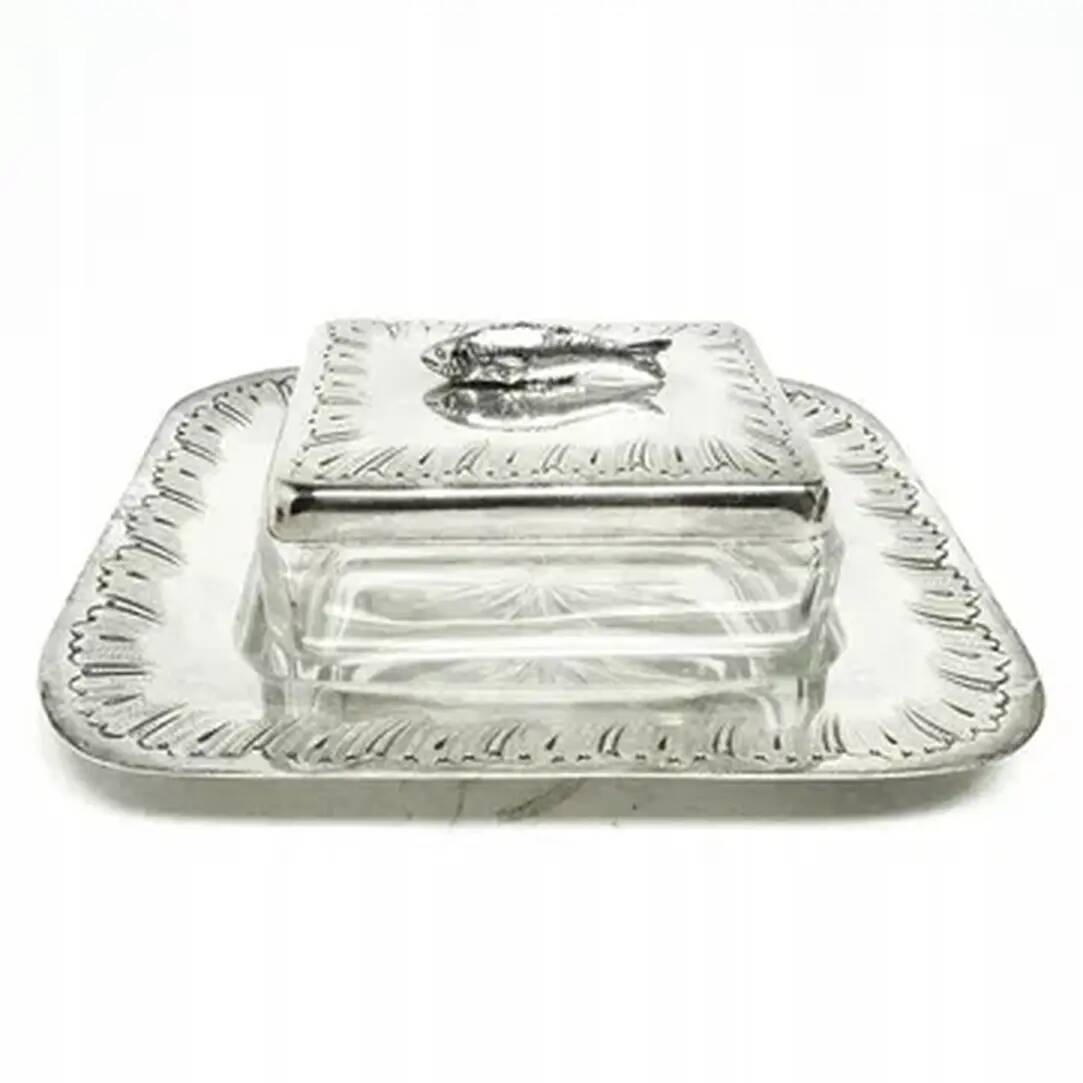 Art deco sardine container, silver-plated brass, crystal, belgium, 1930s