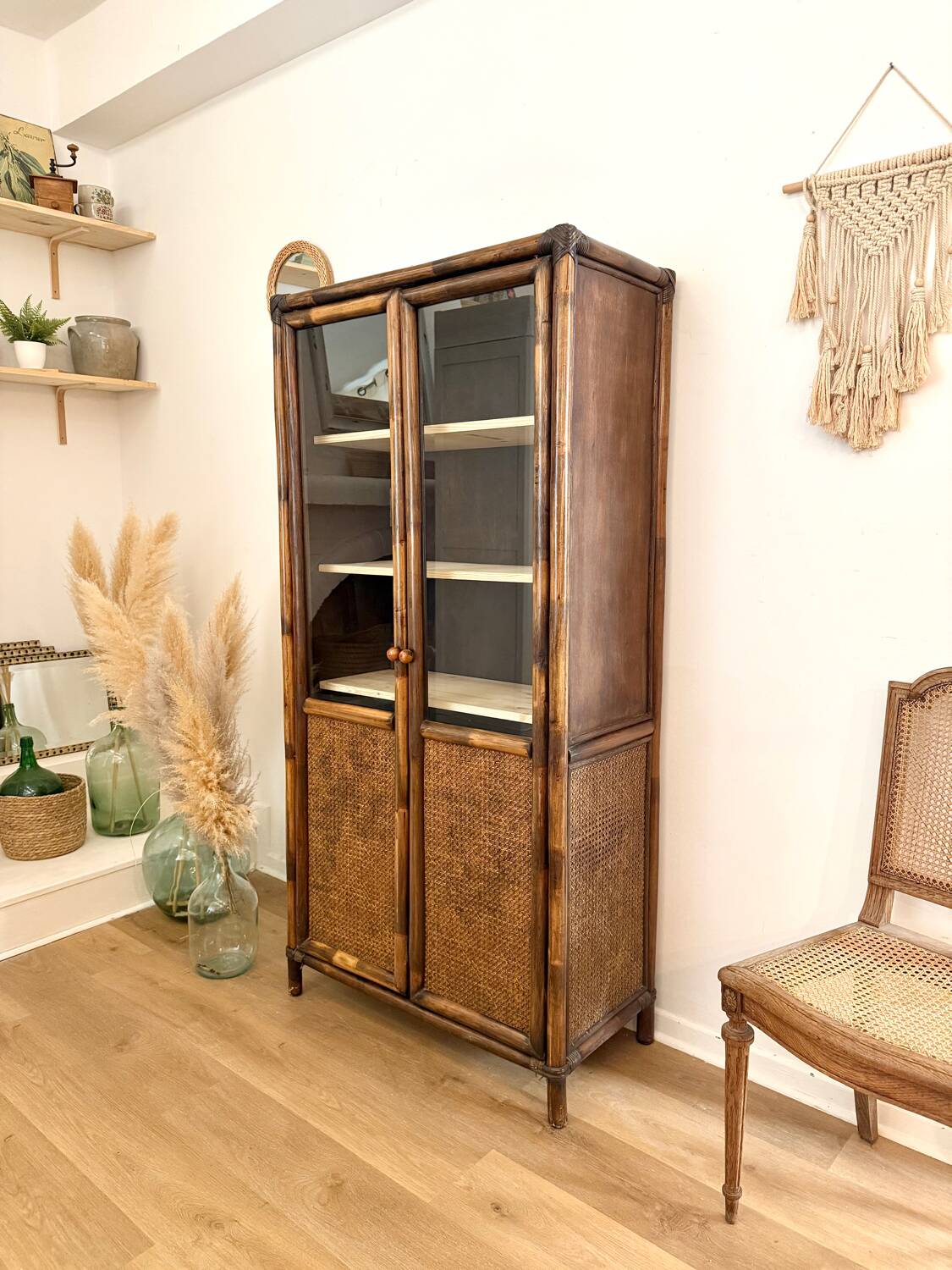 Glass cabinet in bamboo and cane