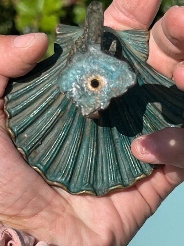 Antique candlestick base – stylised marine fish in patinated bronze