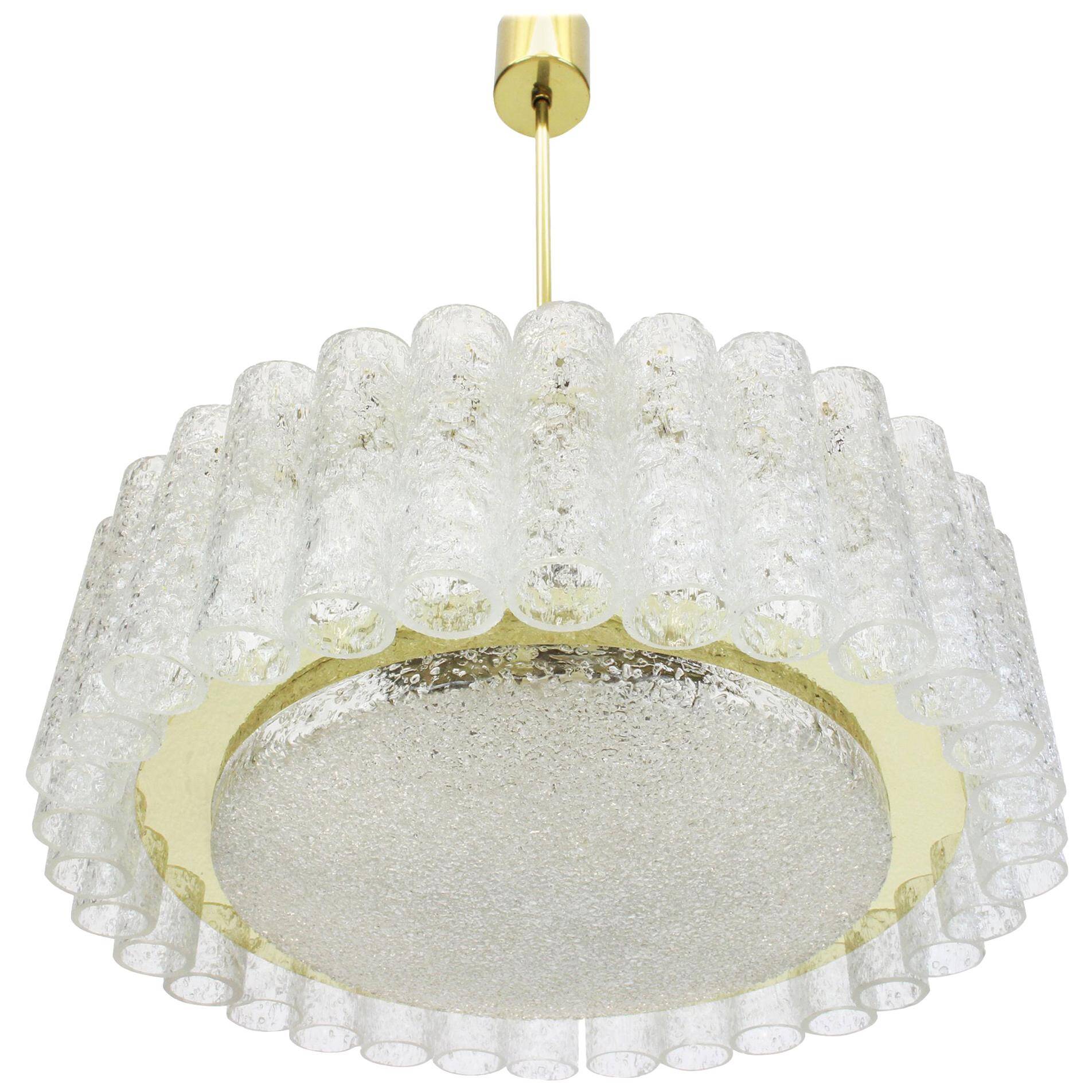 1 of 2 Doria Ice Glass Tube Chandeliers with Brass Surround, Germany, 1960s