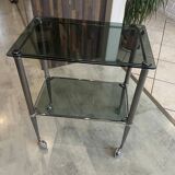 Vintage 1950s silver metal bar cart with wheels and two glass shelves