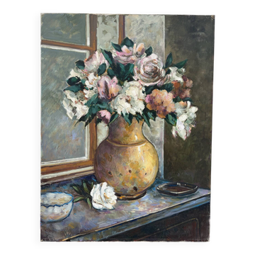Bouquet au vase d’or, huile sur toile