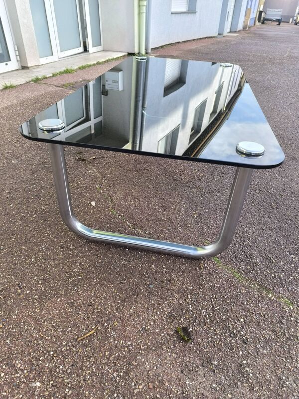 Table basse chromé et verre noir fumé space age italienne