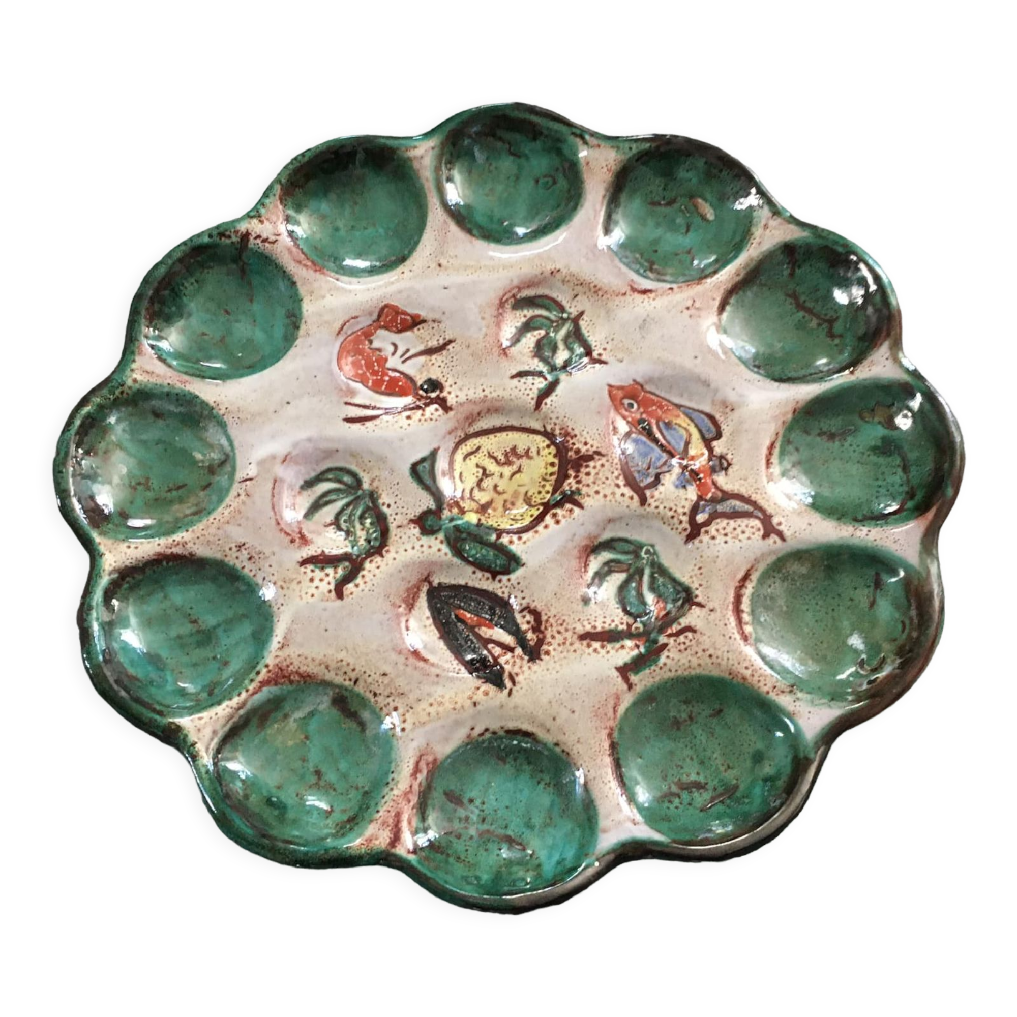 Tripod dish from the 60s for ceramic shellfish or crustaceans