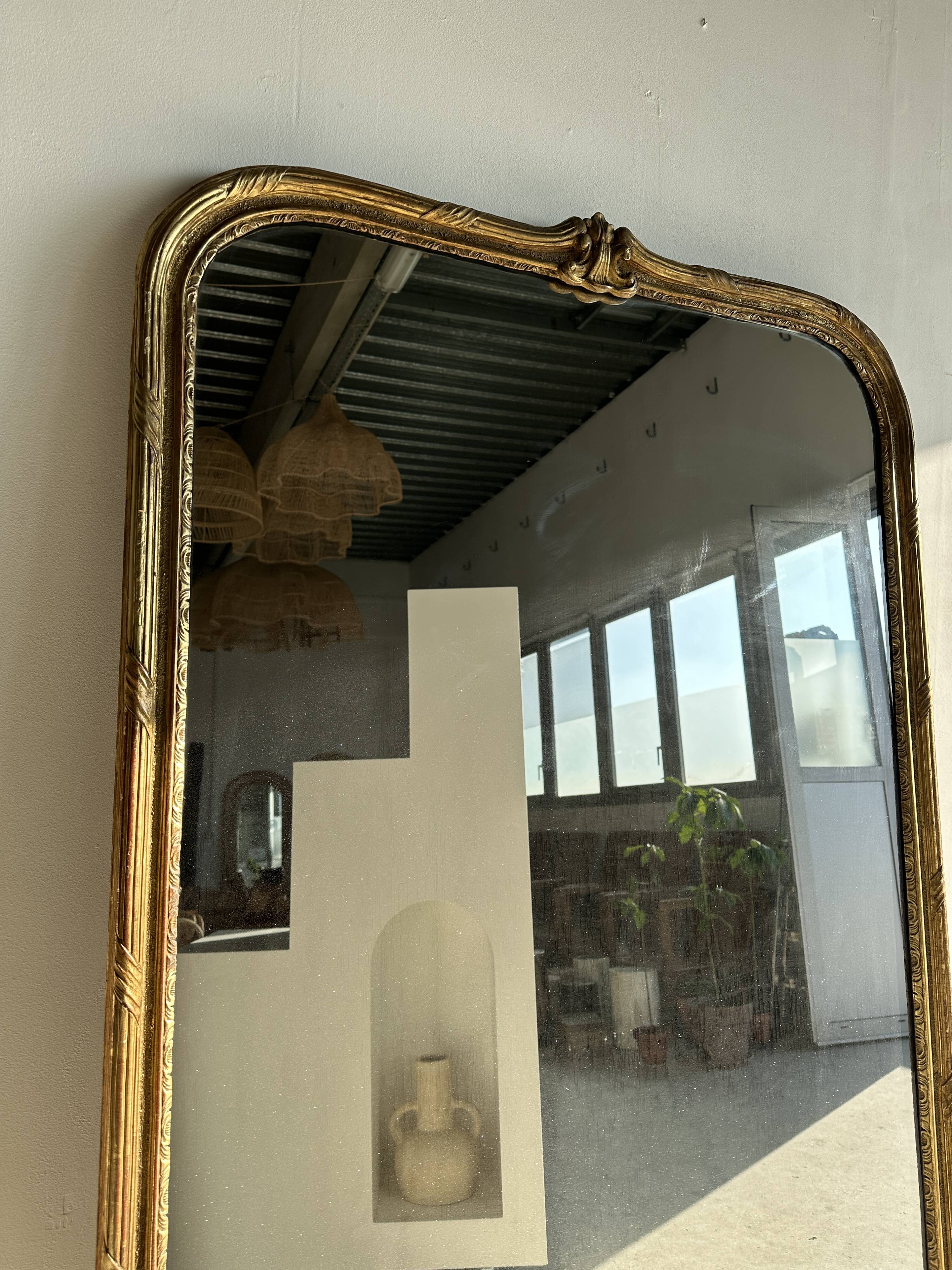 Large gilded mirror 19th century rounded corners mercury glass Louis XVI style
