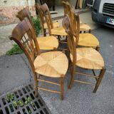 Set of 8 solid cherrywood chairs with straw seats, Directoire period
