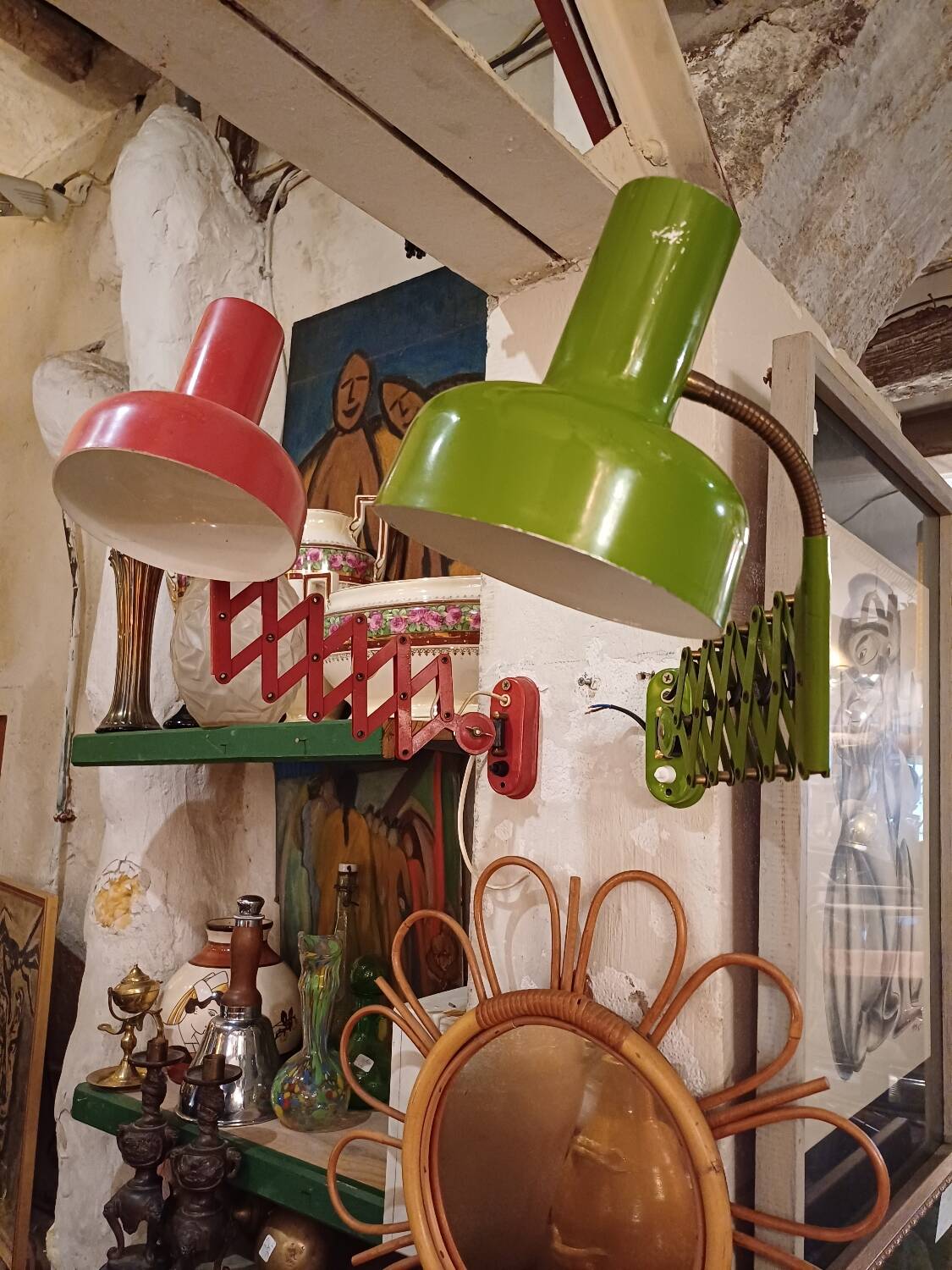 Pair of red and green Hala Zeist wall lights Dutch design 1960