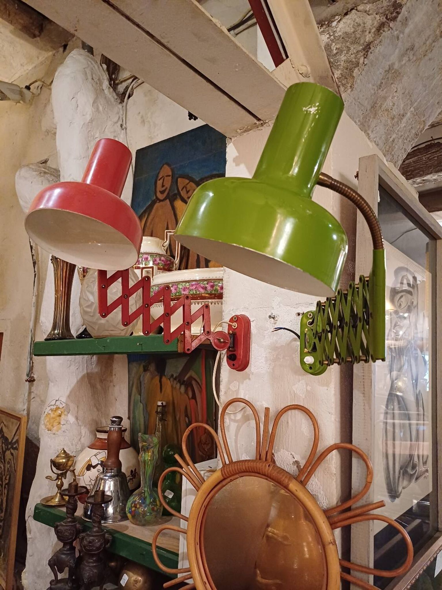 Pair of red and green Hala Zeist wall lights Dutch design 1960